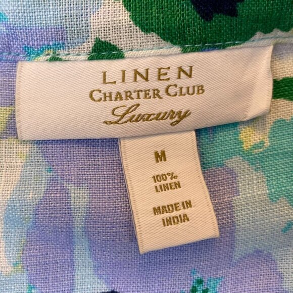 Charter Club Womens Blouse Medium 100% Linen Blue Floral Square Neck Boho - Picture 3 of 9